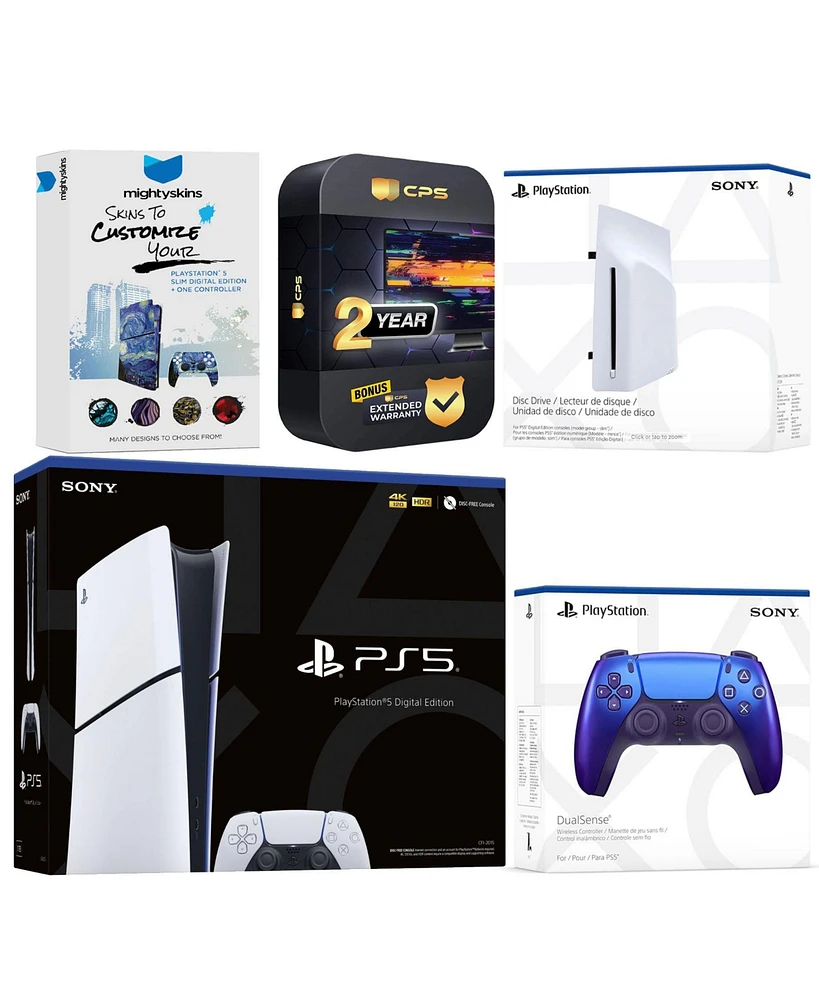 Sony PlayStation 5 Slim Digital Bundle with Disc Drive, Extra Controller, MightySkins Code and Year Extended Warranty