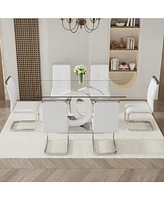 Translucent Glass Dining Set: Rectangular Table & 6 Pu Chairs