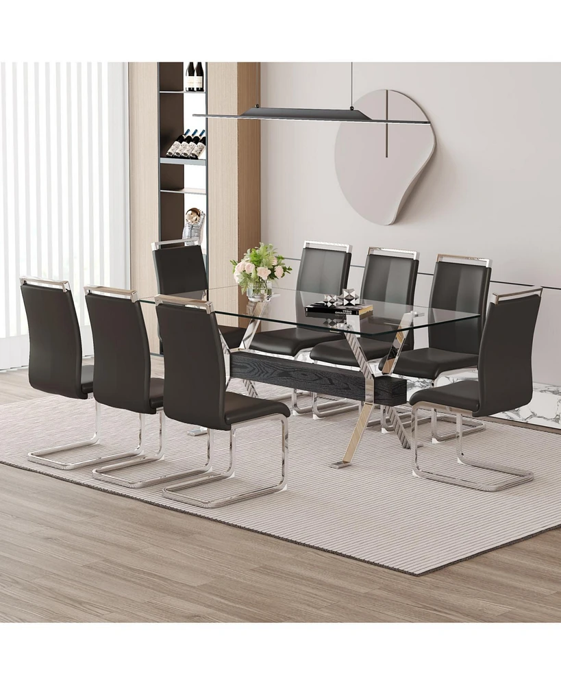 Elegant Glass & Black Pu Dining Set: 71"x35.4" with 8 Chairs