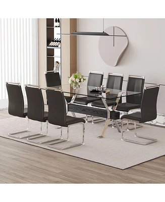 Elegant Glass & Black Pu Dining Set: 71"x35.4" with 8 Chairs