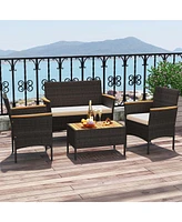 4 Pcs Patio Wicker Sofa Set with Coffee Table Acacia Wood Armrests & Tabletop