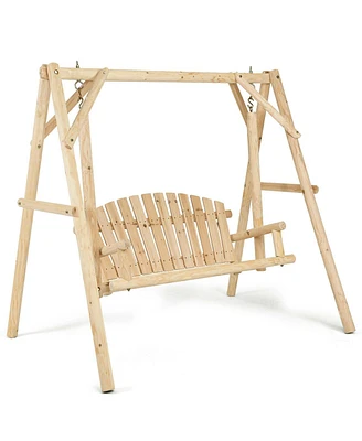 Outdoor Wooden Porch Bench Swing Chair with Rustic Curved Back