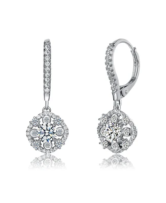 White Gold Plating with Clear Round Cubic Zirconia Leverback Dangle Earrings