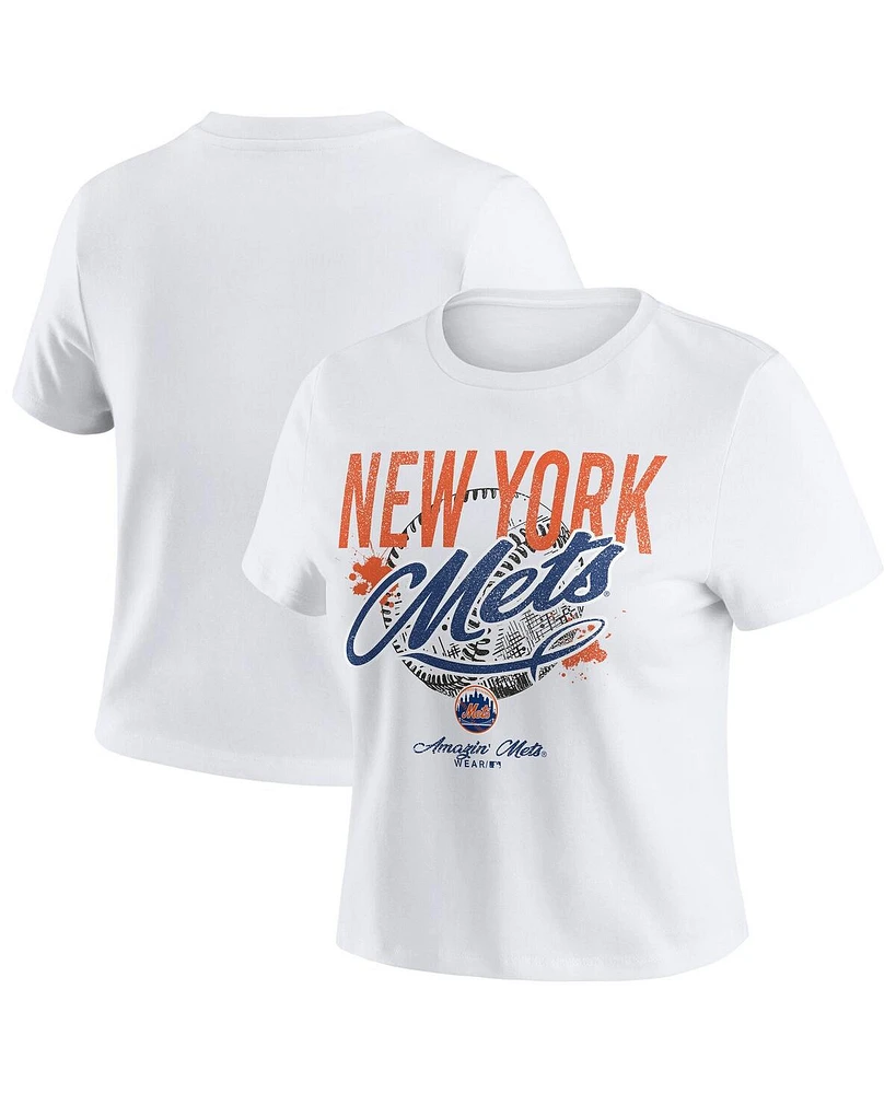 Wear by Erin Andrews Women's White New York Mets Distressed Cropped Baby T-Shirt
