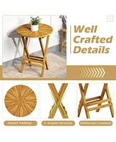 Patio Folding Side Table Teak Wood Round End Table with Slatted Tabletop and X-Shaped Frame