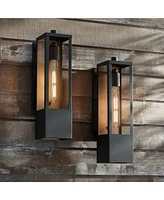 Berk Modern Outdoor Wall Light Fixtures Set of 2 Textured Black Gold Metal Box Frame 16" Clear Glass Panels for Post Exterior Barn Deck House Por