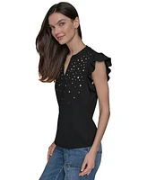 Karl Lagerfeld Paris Women's Studded Ruffle Knit Top