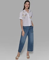 Karl Lagerfeld Paris Petite Cotton Embroidered Studded Blouse