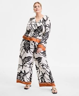 I.N.C. International Concepts Plus Size Printed Volume Sleeve Peplum Top Printed High Rise Wide Leg Pants