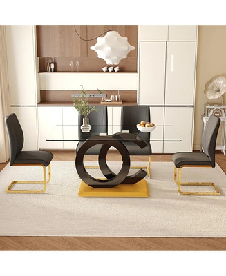 63" Glass Dining Set: Table & 4 Black Chairs, Gold Legs