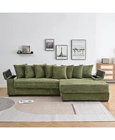 Green Corduroy Sofa w/ Cup Holders, Lockers & Reversible Chaise