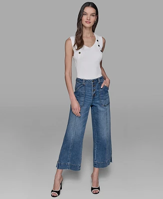 Karl Lagerfeld Paris Petite High Rise Cropped Wide-Leg Jeans