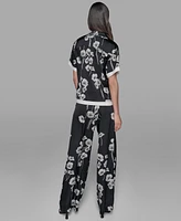 Karl Lagerfeld Paris Petite Floral Print Satin Button-Front Shirt