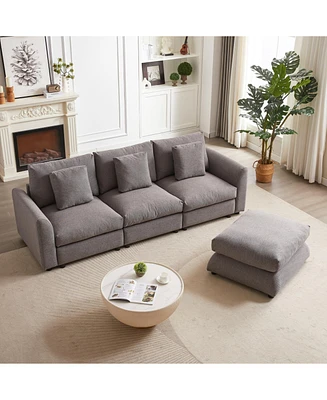 102" Modular Sofa with Ottoman, Pillows, and Cushions for Living Room (Grey Upholstery, Plastic Legs)