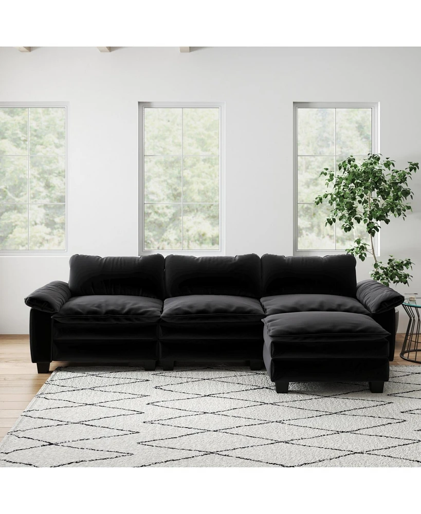 Living Room Furniture Luxury Sectional Sofa Couch with Ottoman Soft Velvet Upholstered Sofa Black