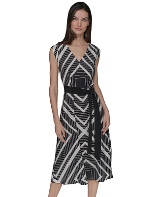 Karl Lagerfeld Paris Women's Geo-Print Belted V-Neck Midi Dress
