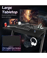 45.5 Gaming Desk, Z Shaped Racing Game Table with Carbon Fiber Surface, Mouse Mat, Headphone Hook, Cup Holder, Game Handle Rack, Ergonomic Home Office