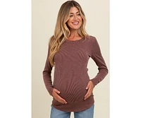 Pinkblush Maternity Brown Ribbed Scoop Neck Long Sleeve Top
