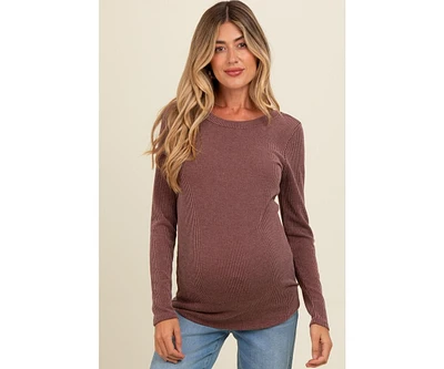 Pinkblush Maternity Brown Ribbed Scoop Neck Long Sleeve Top
