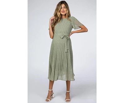 Pinkblush Maternity Light Olive Leaf Print Pleated Midi Dress