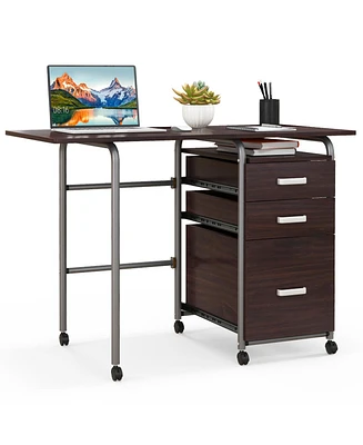 Home Office Folding Computer Laptop Desk Wheeled with 3 Drawers