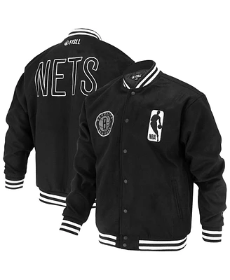 Fisll Men's and Women's Black Brooklyn Nets Logoman Shadow Collection Full-Snap Varsity Jacket