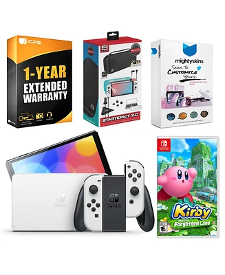Nintendo Switch White Oled Console with Kirby and the Forgotten Land, Surge Accessory Gaming Kit, MightySkins Console and Controller Skin Voucher