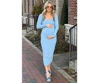 Pinkblush Maternity Light Blue V-Neck Long Sleeve Fitted Maxi Dress