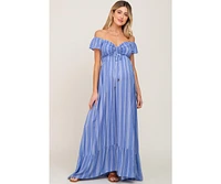 Pinkblush Maternity Blue Striped Off Shoulder Front Tie Maxi Dress