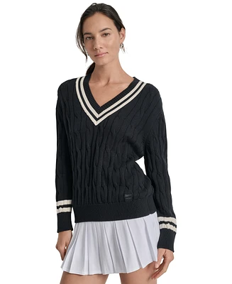 Dkny Sport Women's Cotton Cable Knit V-Neck Sweater