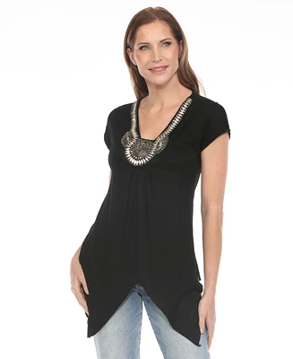 White Mark Women's Beaded Angled Hem Knit Top