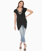 White Mark Women's Beaded Angled Hem Knit Top