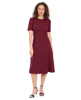 London Times Women's Puff-Sleeve Tab-Detail Fit & Flare Dress
