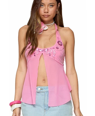 Edikted Women's Sequin Chiffon Split Front Top