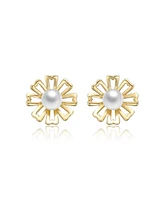 14K Gold Plated with White Pearl Flower Pearl Stud Earrings