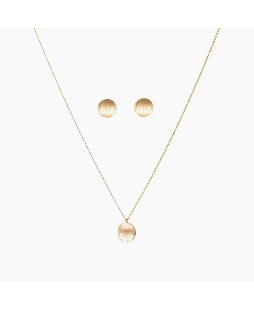 Sterling Silver 18k Gold Plated Madeleine Round Disc Pendant Necklace & Stud Earrings Set