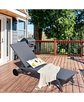 Gymax Set of 2 Patio Chaise Lounge Chair Aluminum Adjustable Recliner w/ Wheels