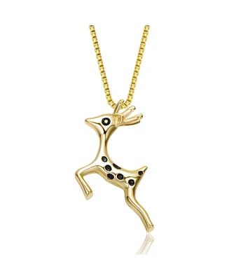 Kids 14K Gold Plated with Black Cubic Zirconia Reindeer Pendant Necklace