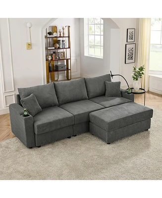 Modern L-Shaped Couch with Ottoman & Storage: Grey Corduroy
