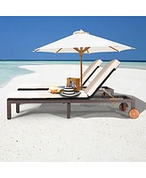 Gymax 2PCS Patio Adjustable Rattan Recliner Chaise Lounge Chair w/ Cushion Wheels