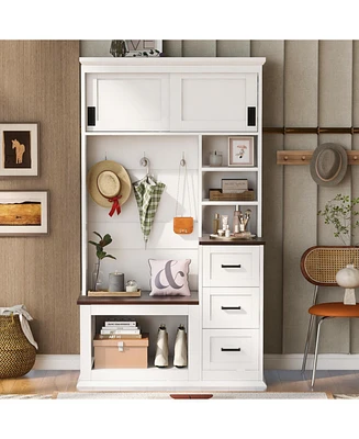 Entryway Hall Tree: Bench, Rack, Shelves, Drawers