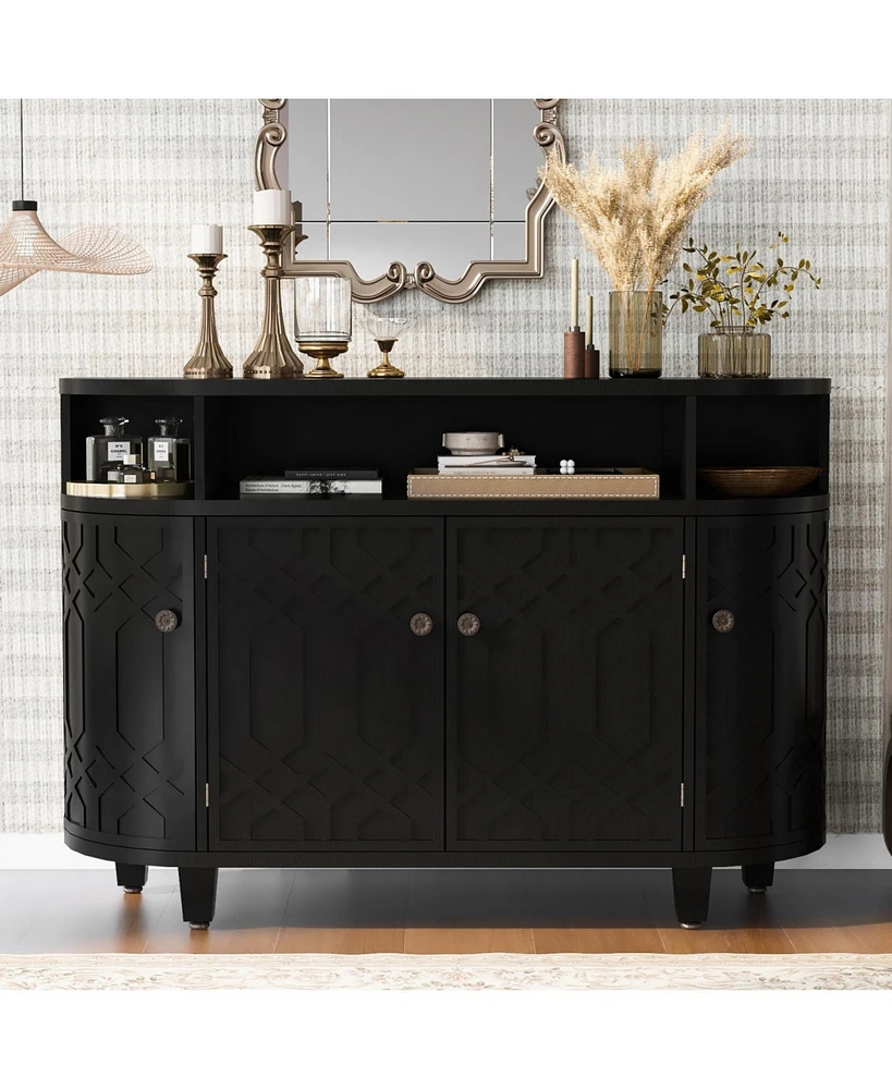 Curved Wood Storage Cabinet - 4 Doors, Adjustable Shelves