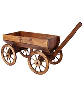 Wood Wagon Flower Planter Pot Stand W/Wheels Home Garden Outdoor Decor