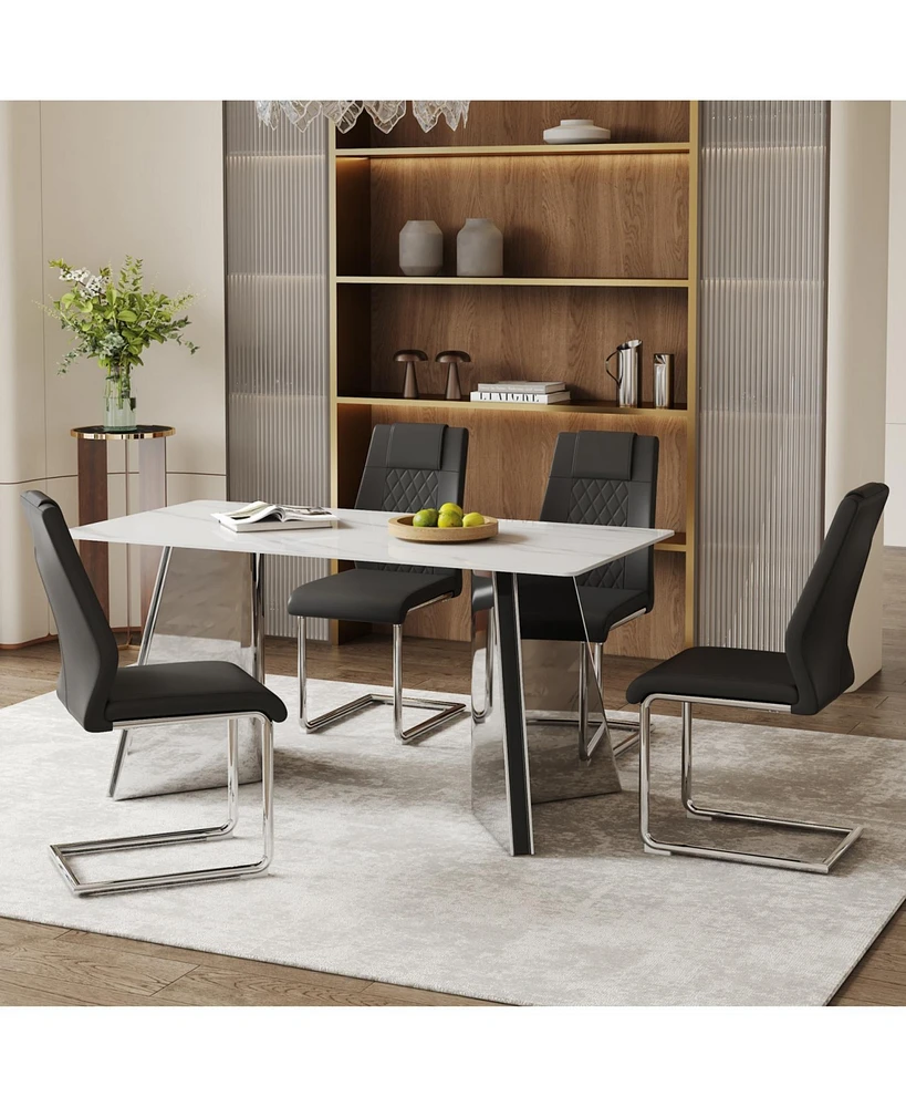 Snow Mountain Table & 4 Black Pu Chairs