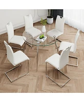 Glass Dining Set (7pc): Round Table, White Chairs