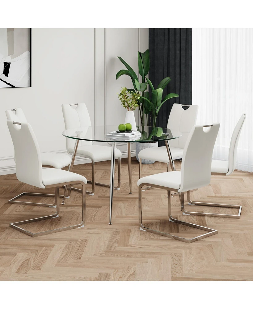Glass Dining Set (7pc): Round Table, White Chairs
