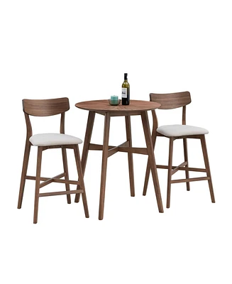 3 Pieces Bar Table Set,Modern Round Counter Height Pub Table, Wooden High Top with Bar Stools Pub Dining Set for Kitchen,Restaurant,Cocktail Bar,Walnu