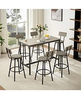 Pub High Dining Table 7 Piece Set, Industrial Style Pub Table, 6 Pu Leather Bar Chairs for Kitchen Breakfast Table, Living Room, Bar, Rustic Grey, 47.