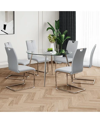 Glass and Pu Dining Set: 1 Round Table, 6 Grey Chairs