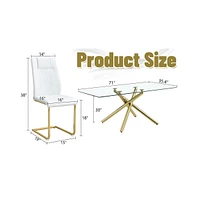 Modern Glass Dining Set: 6 Chairs, Gold Table & Chair Legs